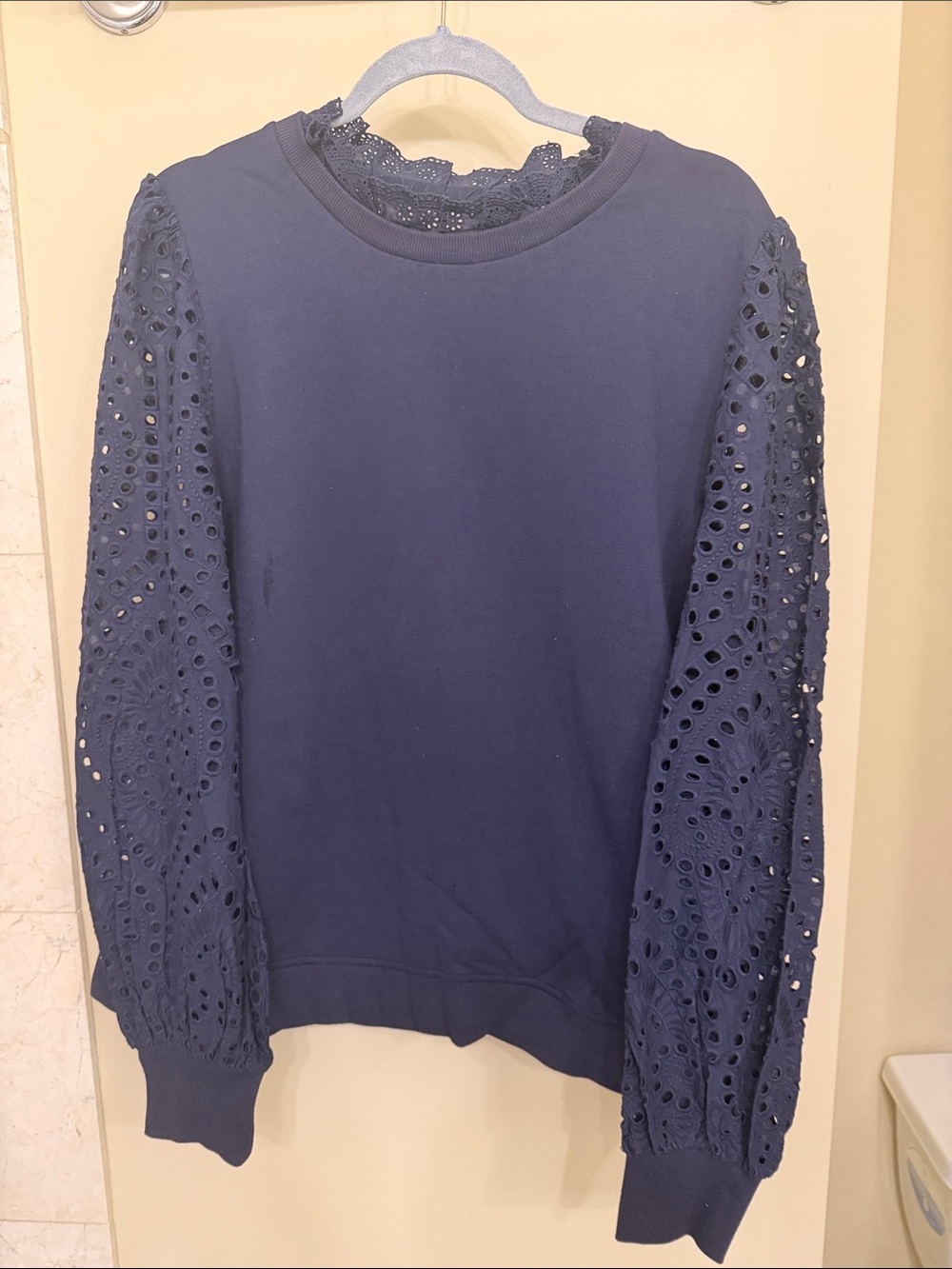 Boden Navy Eyelet Lace Sleeve Sweatshirt